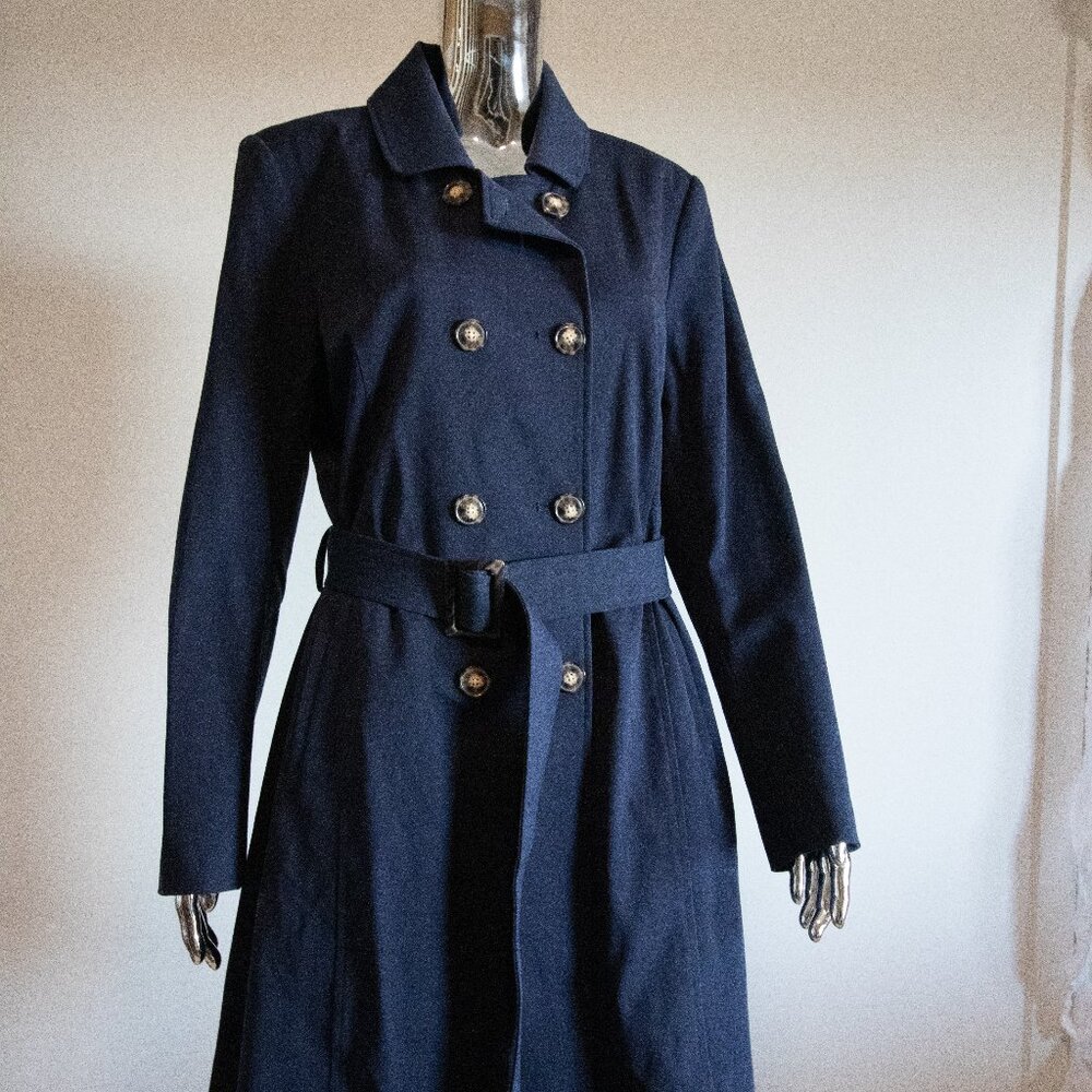 Navy Trench Coat With Grey Tortoiseshell Buttons Belted - Picture 4 of 6